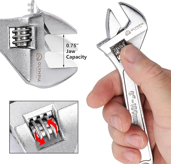 Olympia Tools 6" Adjustable Wrench, Heavy Duty Drop Forged Steel, Chrome Plated, Precision Machined Jaws, Rust Resistant