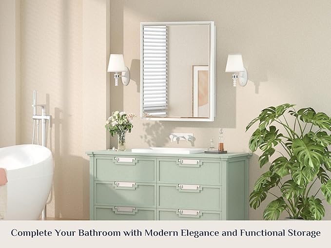 Keonjinn 24” x 30” White Bathroom Medicine Cabinets with Mirror Recessed or Surface Wall-Mounted Aluminum Alloy Metal Framed Beveled Bathroom Mirror, Large Single Door Farmhouse Storage Cabinet Mirror