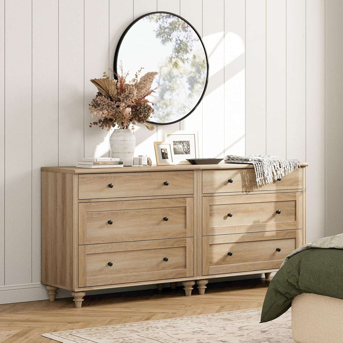 WAMPAT Kids Dresser for Bedroom with 6 Drawers, Oak Baby Dressers with Wide Chest of Drawers, Mid Century Modern Wooden Closet Storage Organizer, Large Wood Dressers for Living Room, Nursery, Hallway