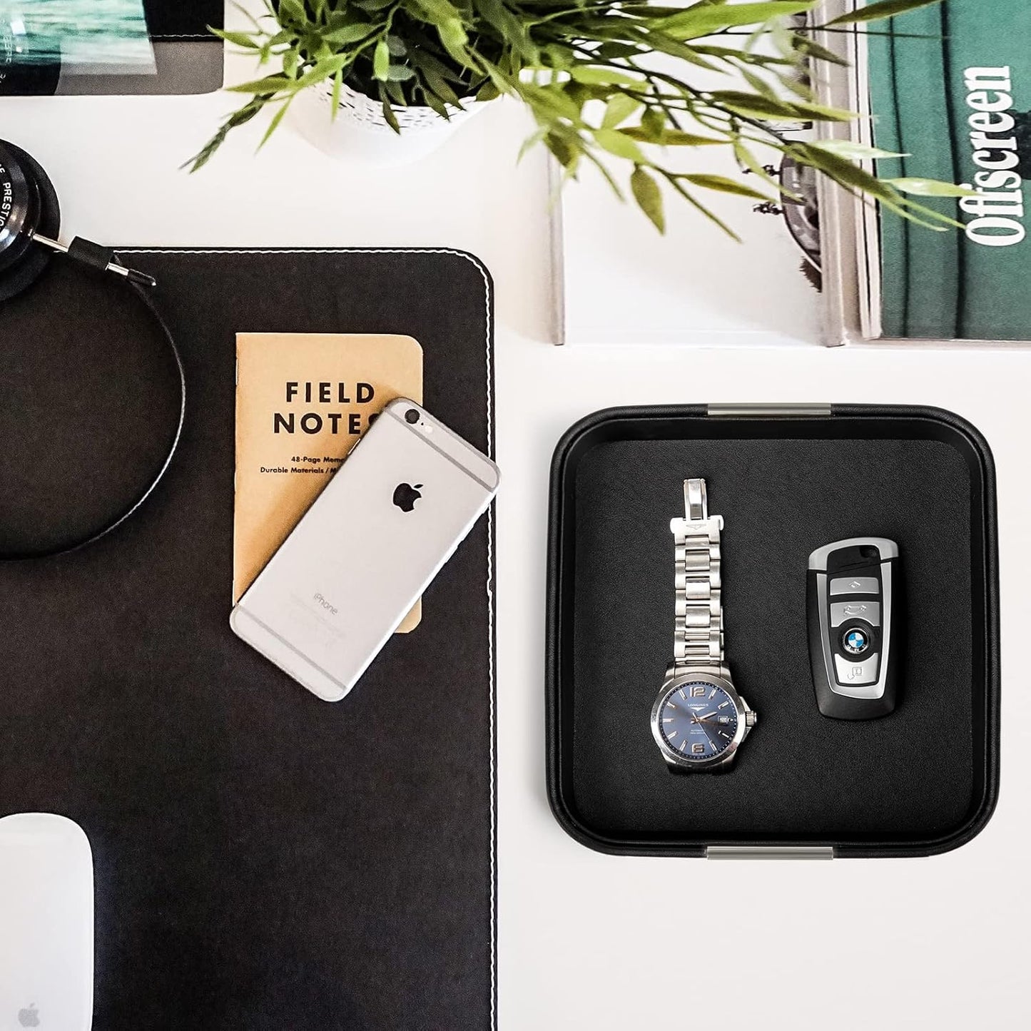 SANZIE Luxury Leather Desktop Storage Small Catchall Organizer Decorative Tray for Entryway Table to Hold Jewelry Watch Cosmetics Keys Phone Wallet, Home & Office Accessories (Metal Silvered, Black)