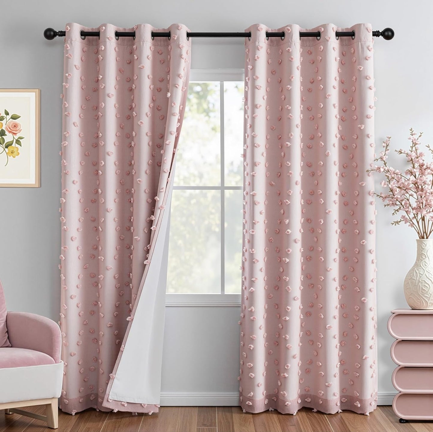 MYSKY HOME 100% Blackout Curtains for Girls Bedroom 84 Inch Long Total Light Blocking Blush Pink Curtain for Living Room 2 Panels Room Darkening Grommet Window Drapes with Pom Pom Sheer 52W x 84L