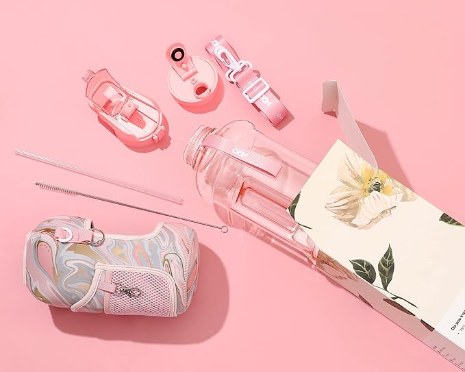 H2O Capsule 2.2L Half Gallon Water Bottle with Storage Sleeve and Removable Straw – BPA Free Large Reusable Drink Container with Handle - Big Sports Jug, 2.2 Liter (74 Ounce), Pink Marble