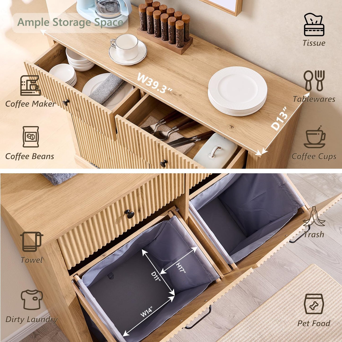 Modern Double Tilt-Out Trash Cabinet, 20 Gallon Fluted Laundry Hamper Cabinet with 2 Drawers, Wooden Hidden Garbage Can Cabinet with Storage Basket for Kitchen & Living Room, Natural Oak