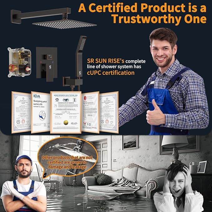 SR SUN RISE ORB Square Rainfall Shower Head and Handle Set, Wall Mounted Shower Fixtures, Metal Shower Faucet Trim Repair Kits (With Shower Valve) 10 Inches