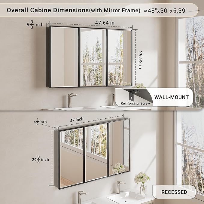 48x30 Inch Black Medicine Cabinet Mirror, Surface or Recessed Large Framed Medicine Cabinet with 3 Beveled Mirror Door & Adjustable Shelves,Shatterproof, Full-Assembled Storage Wall Cabinet