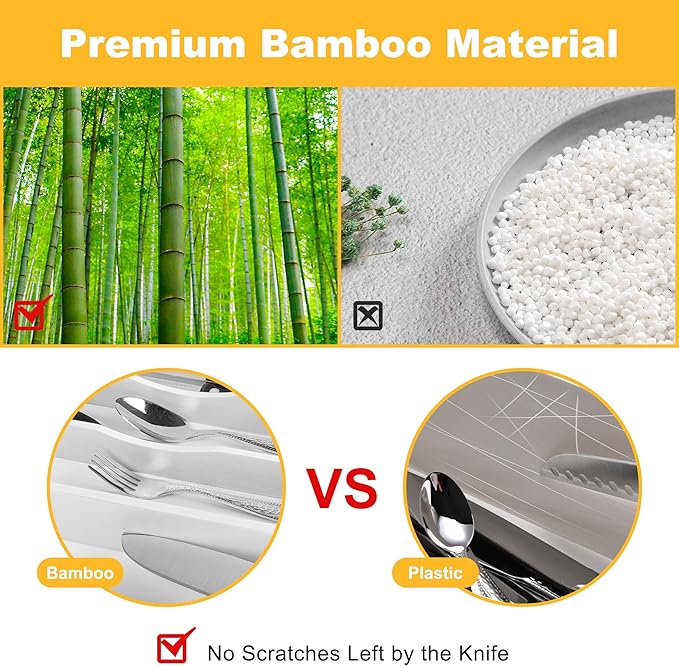 Kitchen Bamboo Silverware Organizer, Kitchen Drawer Organizer - Utensil Holder and Cutlery Tray with Grooved Drawer Dividers for Flatware 7 Slot, White