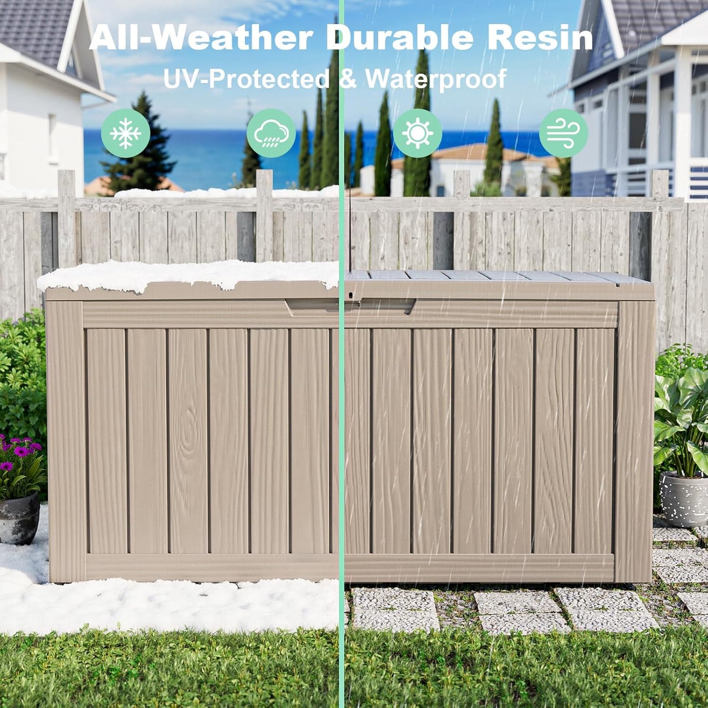 Vixzen 85 Gallon Resin Deck Box, Lockable Outdoor Storage Box for Patio Cushions Storage Furniture,Garden Tools, Pool Supplies, Weatherproof and UV Resistant-Grey