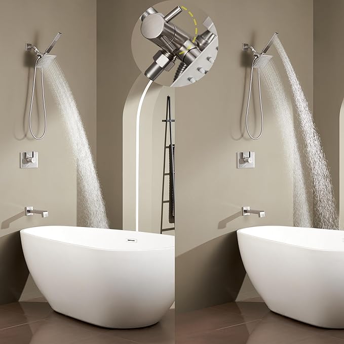 Tub and Shower Faucet Set Dual Shower Heads with Handheld Spray Combo and Tub Spout, All Metal Dual Shower Head Combo and 3-Way Diverter,Tub Faucet Brushed Nickel