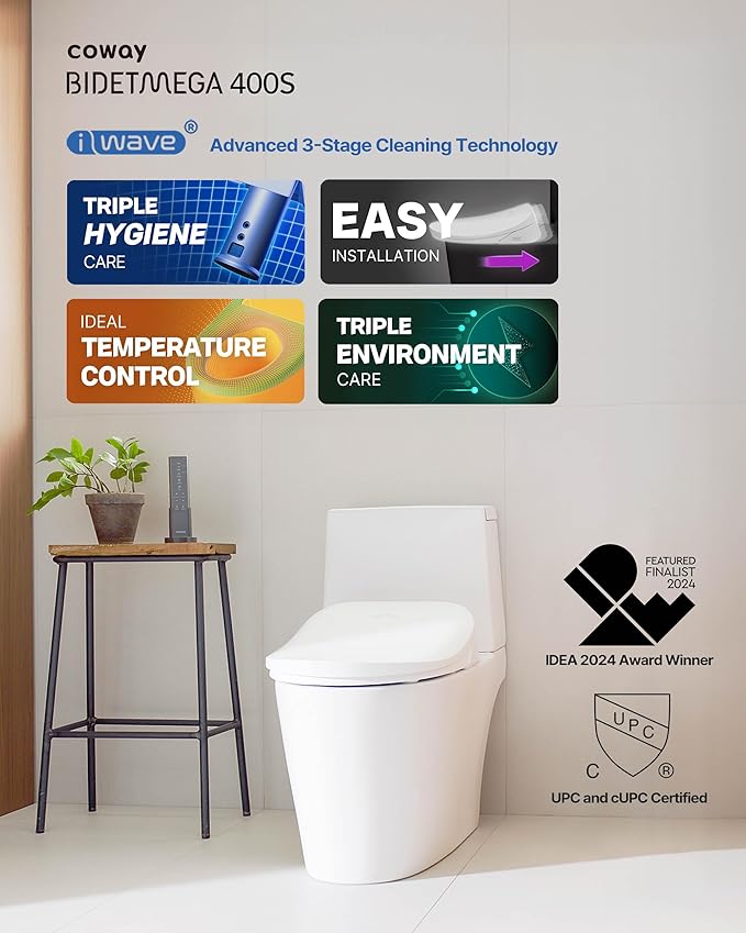 Coway Electronic Bidet Elongated Toilet Seat with Instantaneous Water Heating, Heated Seat and Dryer, Soft Close Lid, Stainless Nozzle, Self Cleaning, Remote Control 400S