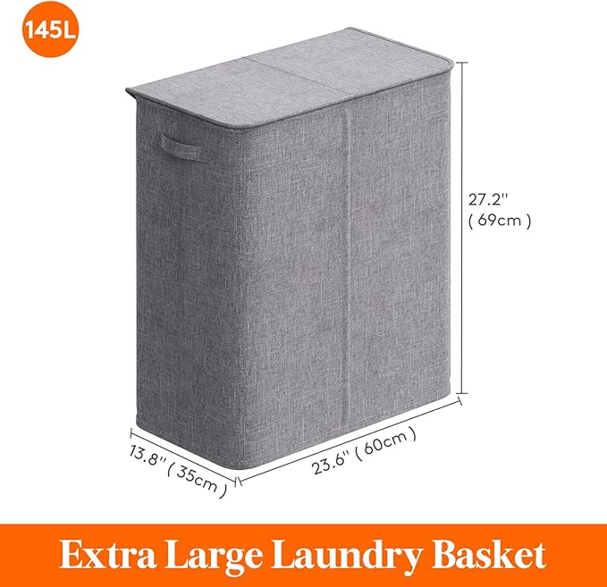 Lifewit Double Laundry Hamper with Lid and Removable Laundry Bags, Large Collapsible 3 Dividers Dirty Clothes Basket with Handles for Bedroom, Laundry Room, Closet, Bathroom, College, 145L Light Gray