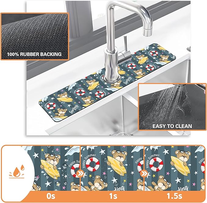 Kitchen Sink Splash Guard Faucet Mat Cartoon Bear Surfing Sink Splash Guard Behind Faucet,1 PC Soft Diatom Mud Non-Slip Mat-for Kitchen,Sink Mat,Dish Drying Mat,Bathroom Faucet Mat 23.5"X5.5"