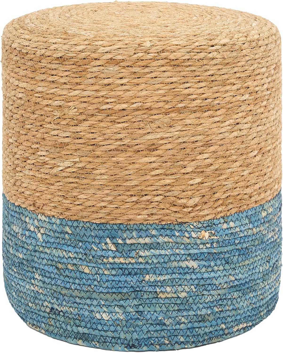 16'' Round Ottoman Natural Seagrass Braided Poof Hand Weaving Round Ottomans Boho Footrest Stool for Home Living Room Bedroom Patio(Natural&Blue)