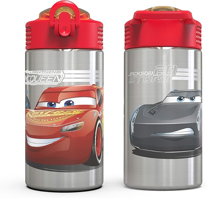 Zak Designs Disney Cars 3 - Stainless Steel Water Bottle with One Hand Operation Action Lid and Built-in Carrying Loop, Kids Water Bottle with Straw Spout is Perfect for Kids (15.5 oz, 18/8, BPA-Free)