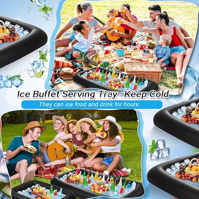 Leitee 4 Pcs Inflatable Ice Serving Bars Buffet Serving Tray Drink Cooler for Pool Party Inflatable Ice Tray Floating Food Drink Containers with Drain Plug and a Hand Pump, 2 Sizes