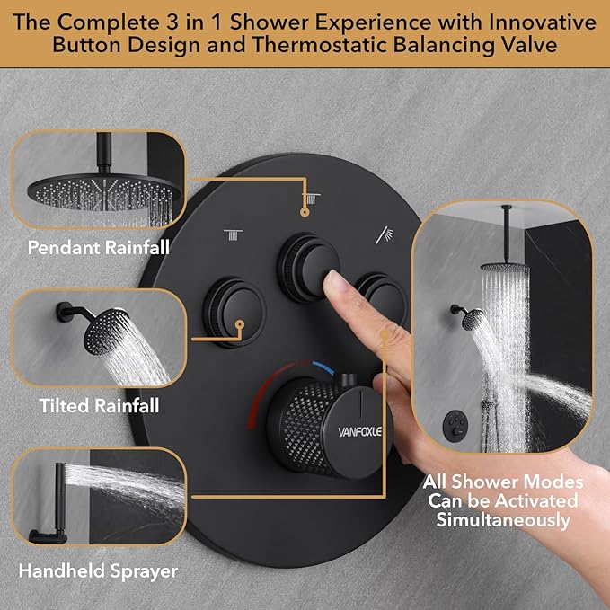 VANFOXLE Thermostatic Shower Faucet Set Matte Black Shower System,Push Button Diverter Shower Faucet with 2 in 1 Handheld,Ceiling Mount Increased Thickness 12 Inch Shower Head with 6 Inch Shower Head