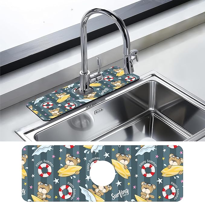 Kitchen Sink Splash Guard Faucet Mat Cartoon Bear Surfing Sink Splash Guard Behind Faucet,1 PC Soft Diatom Mud Non-Slip Mat-for Kitchen,Sink Mat,Dish Drying Mat,Bathroom Faucet Mat 15.5"X5.5"