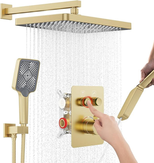 Thermostatic Shower System 13-Inch Rainfall Shower Head - 3 Setting Handheld Sprayer, Complete Bathroom Set with Faucet Mixer Trim Kit & Valve Brushed Gold