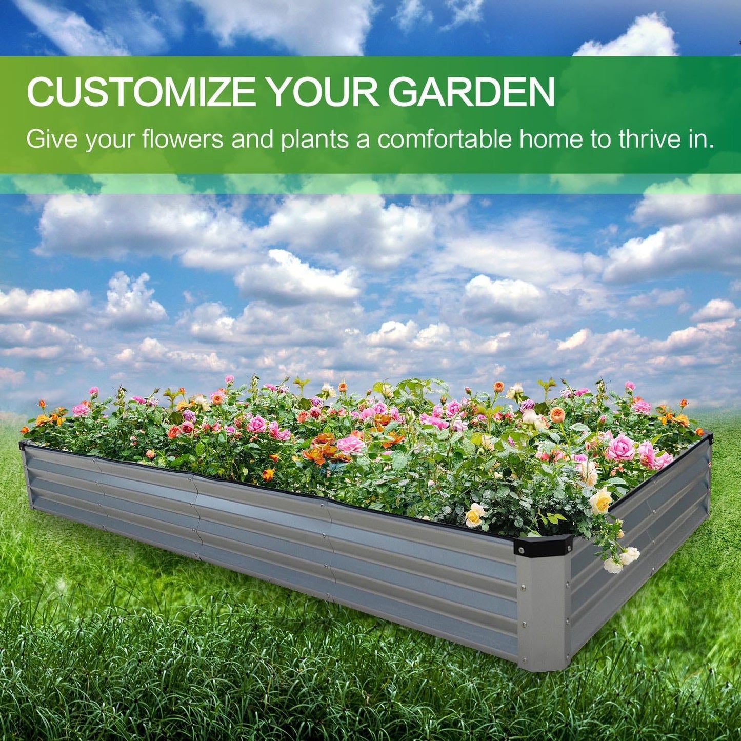GARDMAX 8x4x1FT Galvanized Raised Garden Bed Kit, Metal Planter Boxes Outdoor with Easy Assembly, Large Garden Bed for Vegetables, Fruits, Flower, Herbs Rectangle Silver