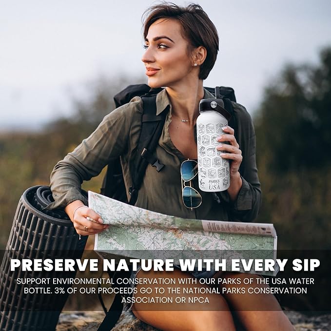 National Parks Water Bottle - Engraved Parks of the USA Bucket List Water Bottle - 63 National Park Stickers, Straw, Cleaning Set - Vacuum Sealed Stainless Steel Water Bottle - 32oz (White)