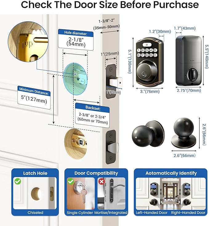 Veise Keyless Entry Door Lock with 2 Knobs, Electronic Backlit Keypad Deadbolt with Handle Set, Auto Lock, One-time Codes, Smart Deadbolt for Front Door, Easy Installation, Oil-Rubbed Bronze