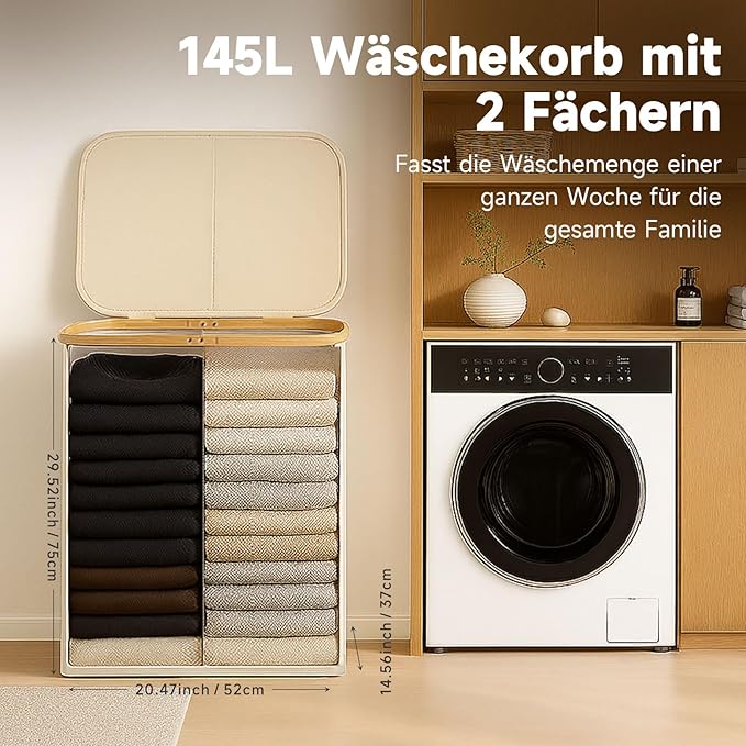 145L Double Laundry Basket with Lid, 2 Section Dirty Clothes Hamper with 2 Removable Bags for Bedroom, Bathroom, Dorm, Beige
