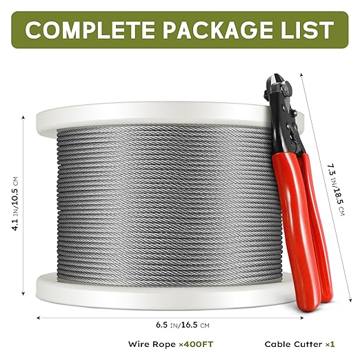 KALLDSY 400FT 1/8" T316 Stainless Steel Cable, Wire Rope Aircraft Cable for Deck Cable Fence Railing Kit, and DIY Balustrades, 7x7 Strands Construction, Comes with a Cutter