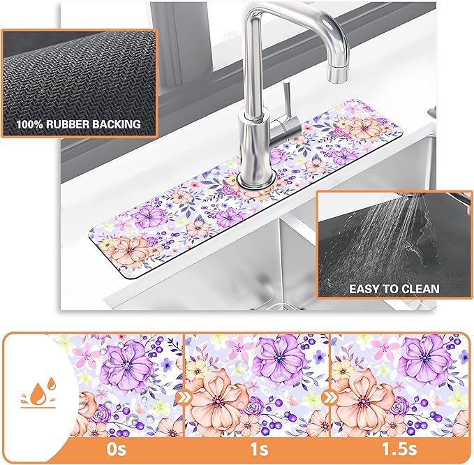 Kitchen Sink Splash Guard Faucet Mat Beautiful Meadow Flowers Sink Splash Guard Behind Faucet,1 PC Soft Diatom Mud Non-Slip Mat-for Kitchen,Dish Drying Mat,Bathroom Faucet Mat 23.5""X5.5""