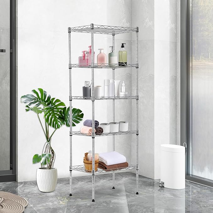 BestOffice | 5-Tier Wire Storage Shelves | 17x12x48 | Chrome | with Adjustable Racks | Heavy-Duty Metal Shelf, Holds Upto 750 lbs | No-Tool Assembly | Ideal for Home & Garage Shelving