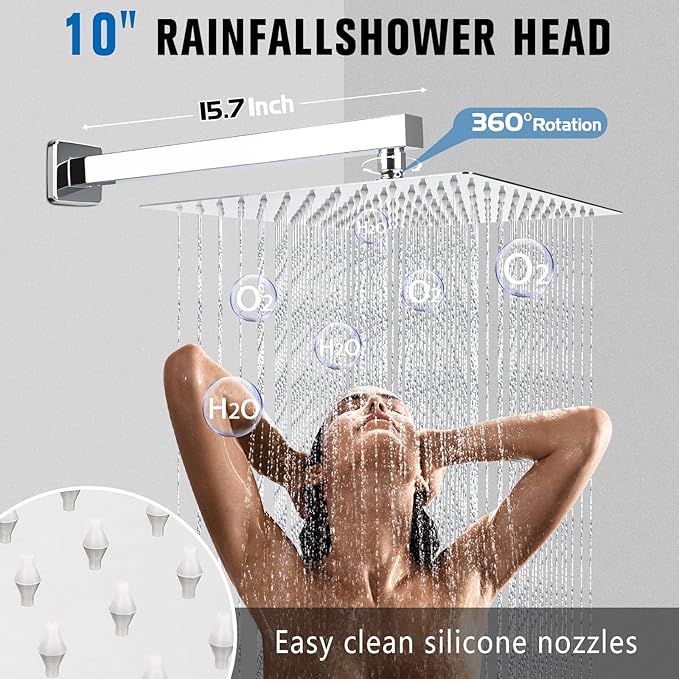 10 Inch Rainfall Shower System with Tub Spout Wall Mounted Complete Combo with Solid Brass Pressure Balancing Valve, High Pressure Shower Head, Handle Set & Installation Accessories Chrome