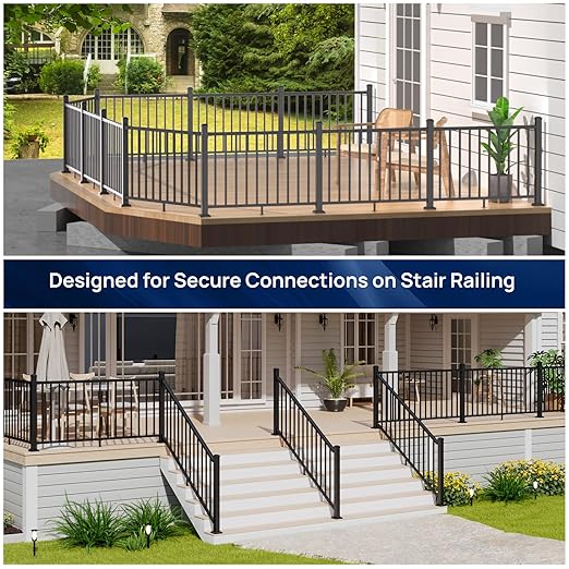 4 Pack Aluminum Adjustable Railing Bracket Connector with Drill Bit, Deck Railing Bracket, Black Textured Powder-Coat Finish Rail System for Outdoor Decks, Porches & Balconies