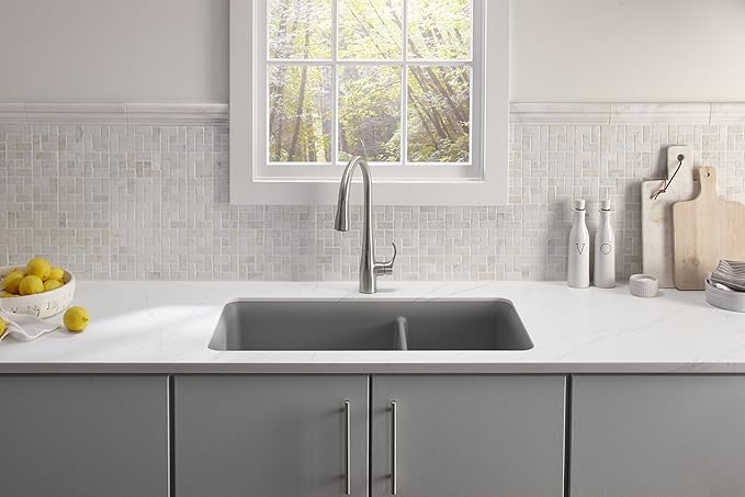 KOHLER K-8204-CM4 Cairn Sink, 33" Neoroc Composite Undermount Double-Bowl Kitchen Sink, Composite Kitchen Sink with Sink Rack, Matte Grey