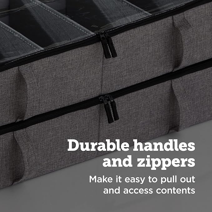 storageLAB Slim Under Bed Storage Containers, Closet Organizers with Sturdy Handles for Clothes, Comforters, and Accessories, Use Under or at the End of the Bed - 2 Pack, Adjustable Dividers, Grey