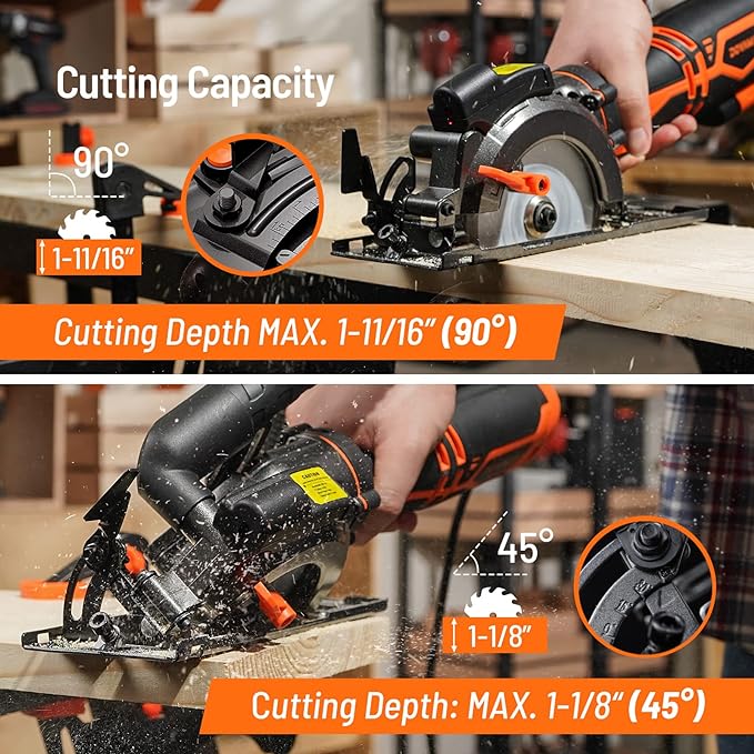 Circular Saw, 5.8A 4-1/2" Circular Saw w/Laser, Metal Auxiliary Handle, 6 Blades (4½", 4¾"), Cutting Depth 1-11/16" (90°), 1-3/8" (45°), Ideal for Wood, Soft Metal, Plastic, Tile - MCS01A