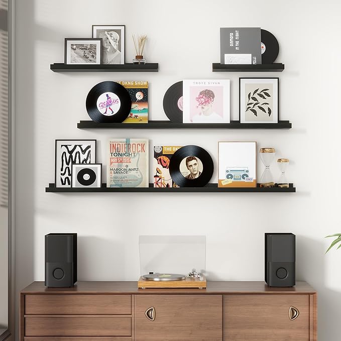 Picture Ledge Wall Shelves - 16 Inch Width Set of 3, Solid Pine Wood Rustic Floating Ledge Shelves for Kids' Room, Bedroom, Kitchen, Bathroom, Living Room, Nursery Display Decor, Black