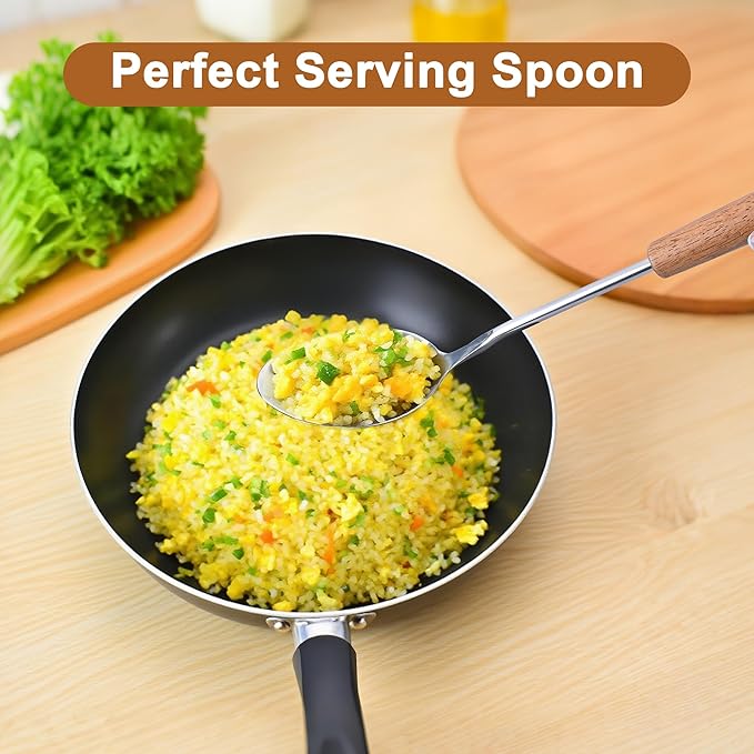 FJNATINH Stainless Steel Kitchen Utensils Set with Wood Handle Nonstick Stainless Steel Cooking Utensils Set with Turners,Spatula,Ladle,Skimmer,Solid Spoon,Pasta