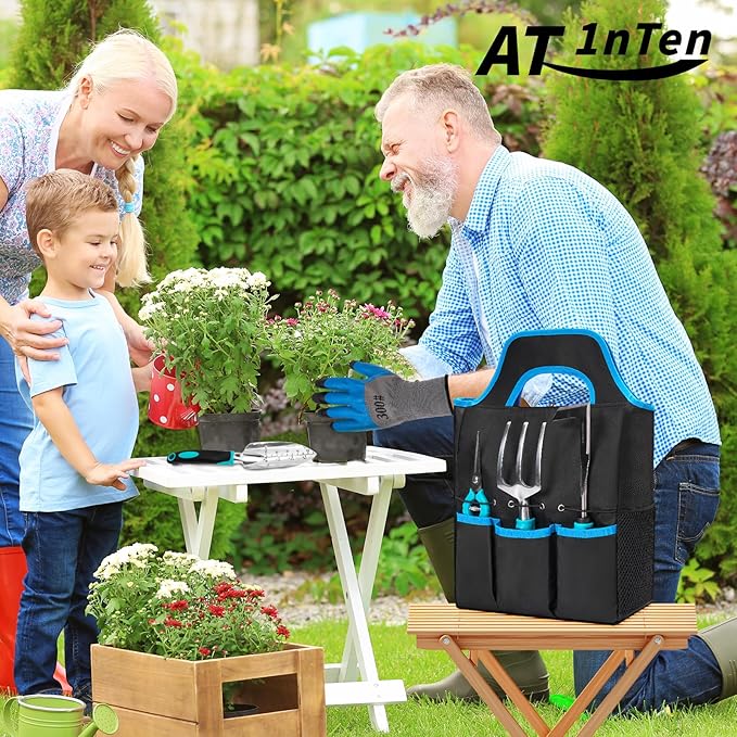 Garden Tool Set with Non Slip Rubber Grip,11 Piece Stainless Steel Gardening Tool Sets,Heavy Duty Outdoor Hand Tools Kit,Durable Tote Bag,Repotting mat,Uprooting Weeding Tool,Ideal Gifts for Women Men