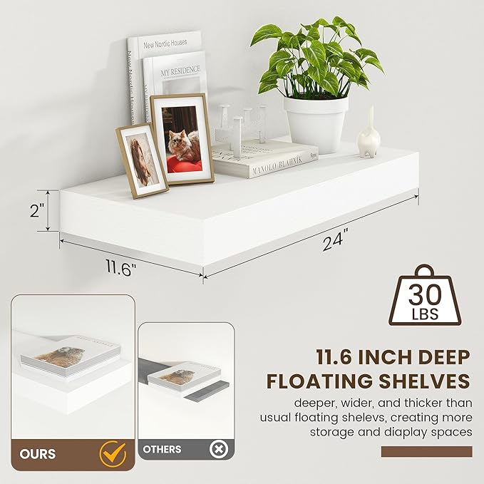 Deep Floating Shelves for Wall | 24 Inch Wide x 12 Inch Deep White Floating Shelves | 24W x 12D Rustic Wood Wide Wall Shelves | Bookshelf Laundry Shelf TV Shelf