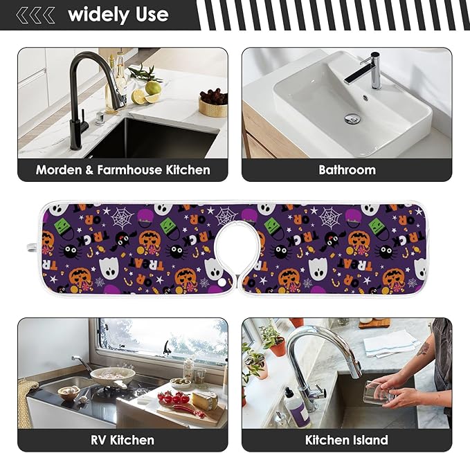 Happy Halloween Purple Faucet Sink Mat for Kitchen 2 Pack Spooky Ghost Pumpkin Bat Witch Bathroom Drying Mat Absorbent Splash Water Catcher Mats Microfiber Cloth Drip Protector Splash Pad 30x5 Inches