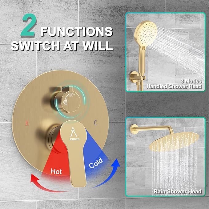 Shower Faucet Set Brass 12IN Rough-In Valve Body Trim Kit Rainfall Included Handle Accessories Complete 2 Functions with Rain Head and Handheld Bathroom Systems (12'', Brushed Gold)