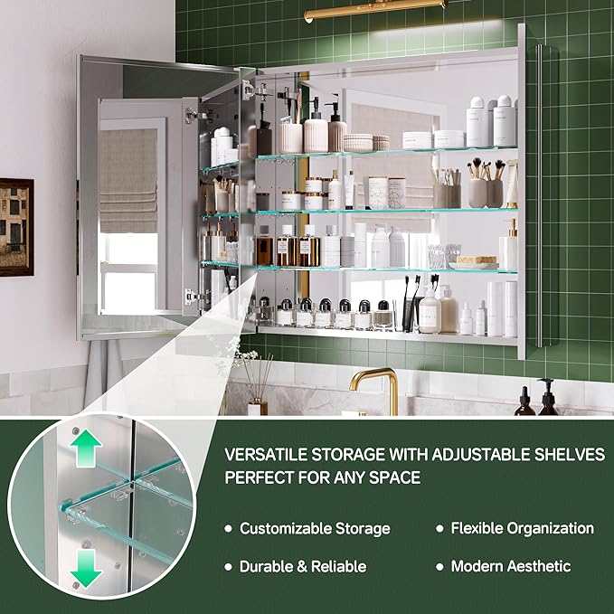36''×30'' Medicine Cabinet with Mirror Door, Storage Cabinet Vanity Mirror for Bathroom, Blum Hinges, Recessed/Surface Mount, Adjustable Glass Shelves