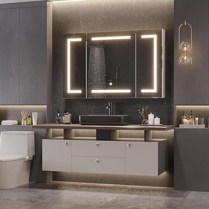 DICTAC Medicine Cabinet with Mirror and LED Light, Wall Mounted Bathroom Mirror with Storage, 2 Doors Bathroom Wall Cabinet, Memory Dimmable 3 Color Temp, Adjustable Shelves, 39.4''x23.6''