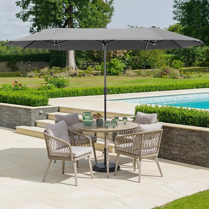 HERA'S PALACE 13 ft Large Double-Sided Twin Patio Umbrella, Outdoor Market Umbrella with Crank Handle, Powerful UV Protective, Smoky Gray