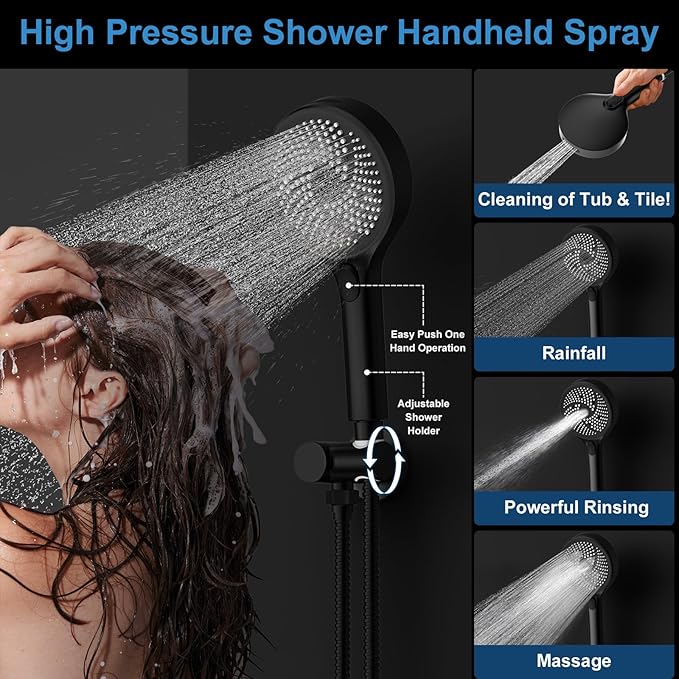 Shower System Brass Thermostatic Shower Faucet Set With Valve and Diverter Shower Mixer with 2 Rain Shower Head and Multi-function Handheld Head(Matte Black)