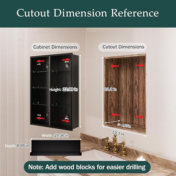 Black Medicine Cabinet with Mirror for Bathroom:20x26 Inch Small Mirrored Vanity Storage with Adjustable Shelves-Surface or Recessed Wall Mount-Matte Black Frame