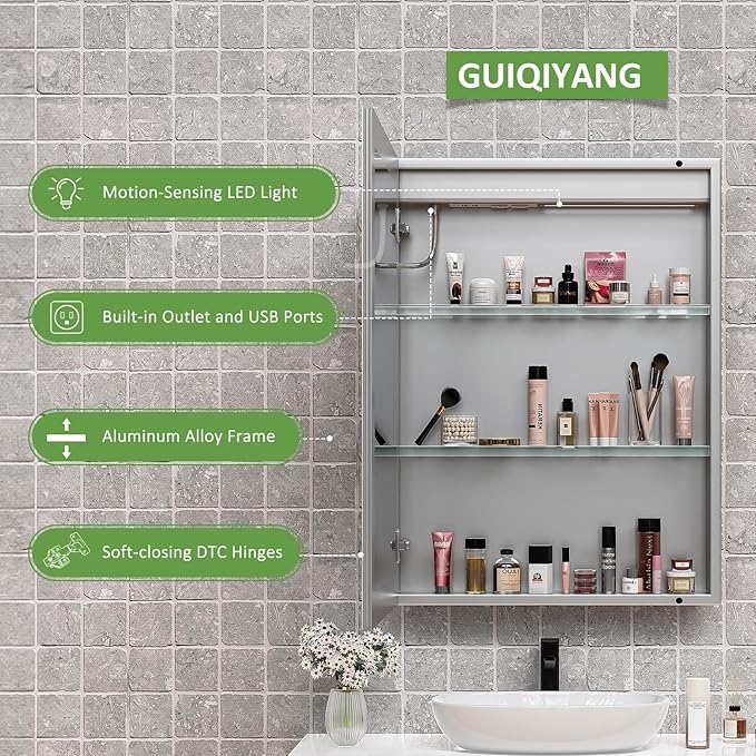 Medicine Cabinet with Lights, Bathroom LED Mirror Cabinet with Storage, Anti-Fog & 3 Color Lights, Recessed or Wall Mounted (24X32 in)