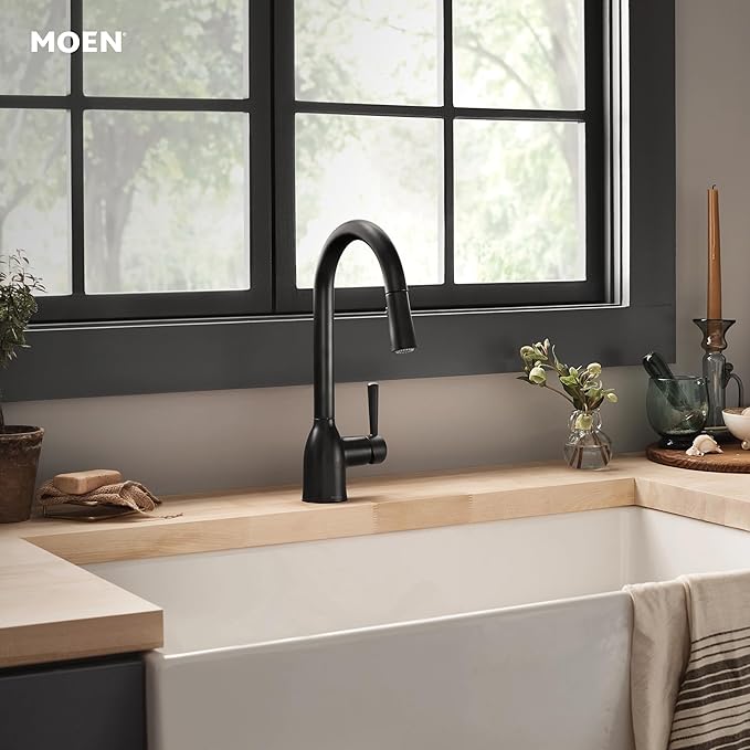 Moen Adler Matte Black One-Handle High Arc Kitchen Sink Faucet with Power Clean, Modern Kitchen Faucet with Pull Down Sprayer, 87233BL
