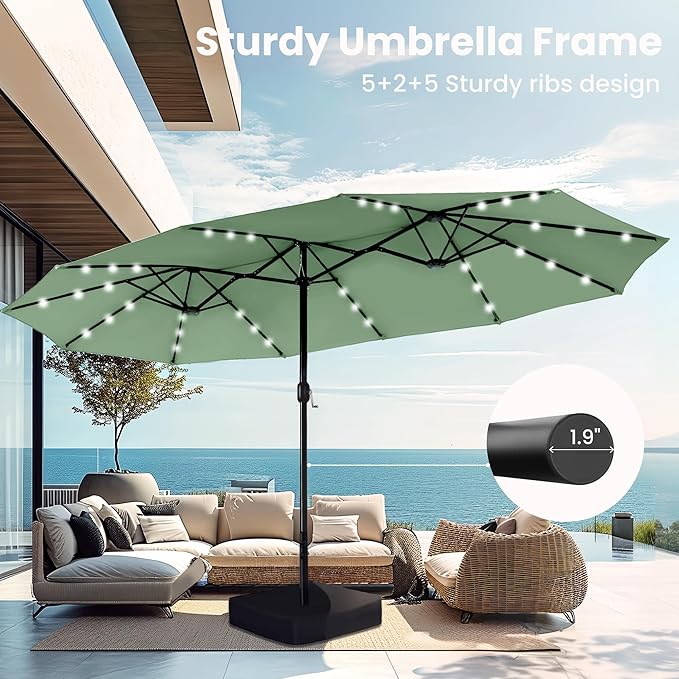 PHI VILLA 15ft Large Patio Umbrella with Solar Lights, Double-Sided Outdoor Market Rectangle Umbrellas with 36 LED Lights, Umbrella Base (Stand) Included, Mint Green