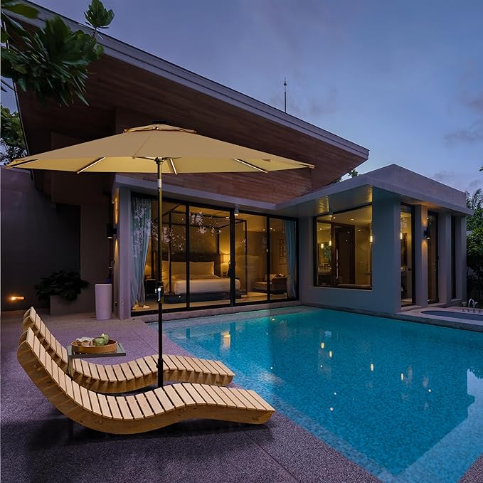 Midtown Umbrellas Led Swilt Sunbrella Umbrella, 8 Foot Patio Umbrella In Sunbrella Heather Tan Acrylic Fabric - Deck Patio Umbrella, Backyard Umbrella, Garden Umbrella & Pool Umbrella - Black Pole