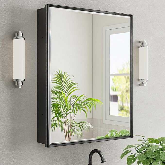 24''x 30'' Black Medicine Cabinet Mirror, Surface or Recessed Aluminum Framed Medicine Cabinet with Beveled Mirror, Full-Assembled, Adjustable Shelves,Reversible Bathroom Mirror with Storage