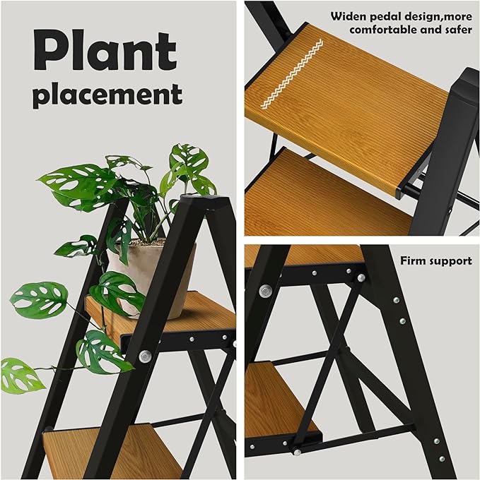 Taranta 2 Step Ladder,Aluminum Lightweight Folding 2 Step Stool with Anti-Slip Wide Pedal, 330lbs Capacity Step Ladder for Household,Kitchen,Office - BlackWoodgrain